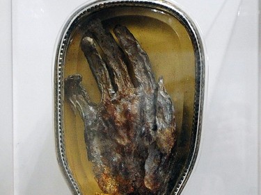 The relic of the forearm and hand of Jesuit priest St. Francis Xavier on display at St. Francis Xavier Church in Vancouver.