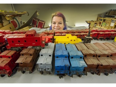 Gillian Wright with a few of the trains from her late husbands model train collection.