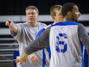 UBC Thunderbirds head coach Kevin Hanson makes a point during the team's practice before the CIS men's basketball championship Final 8 tournament at the Doug Mitchell Thunderbird Sports Centre at the University of B.C. in Vancouver on March 16, 2016.