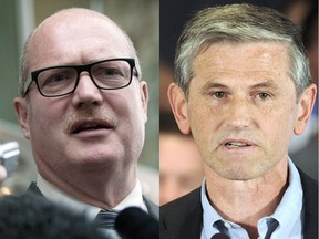 Mike de Jong (left) and Andrew Wilkinson have struck a deal to cooperate in getting second-choice votes on the preferential ballot being used in the B.C. Liberal leadership race.