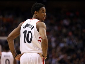 DeMar DeRozan of the Toronto Raptors takes a break against the Detroit Pistons at the Air Canada Centre in Toronto, Ont. on Thursday January 18, 2018.