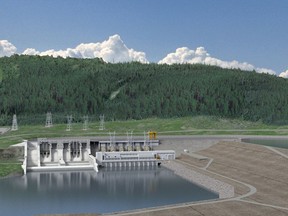 A rendering of B.C. Hydro's Site C dam showing the powerhouse structure that will house the facility's turbines and generators. Hydro has selected Aecon-Flatiron-Dragados-EBC Partnership as preferred contractor to build the dam's generating station and spillways.