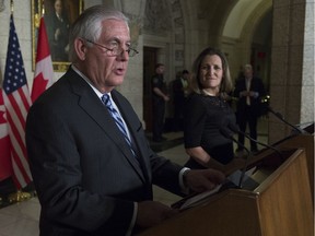 A number of foreign ministers are in Vancouver today and Tuesday to participate in a meeting about security and the North Korea crisis. The meeting is being co-hosted by U.S. Secretary of State Rex Tillerson and Canadian Foreign Affairs Min. Chrystia Freeland, who are pictured in this file photo during a meeting in Ottawa last month.