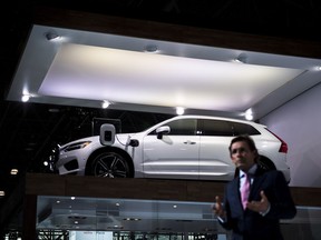 A plug-in hybrid version of the 2018 Volvo XC60 on display at the New York International Show in New York, April 12, 2017. Volvo became the first mainstream automaker to sound the death knell of the traditional engine, saying all the models it introduces from 2019 will be either hybrids or powered solely by batteries.