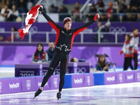 Canada's Ted-Jan Bloemen celebrates his gold medal in the men's 10,00 metres at the Pyeongchang Olympics on Feb. 15.
