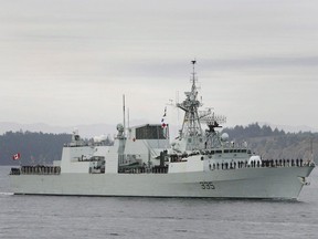 HMCS Calgary was performing a fuel transfer on Saturday when about 30,000 litres spilled into in Georgia Strait.