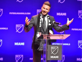 David Beckham addresses the crowd during the press conference announcing an MLS franchise in Miami at the Knight Concert Hall on January 29, 2018 in Miami, Florida.