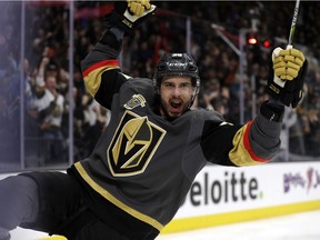 Vegas Golden Knights right wing Thomas Hyka reacts after scoring a goal during the first period of the team's NHL hockey game against the Vancouver Canucks on Friday, Feb. 23, 2018, in Las Vegas.