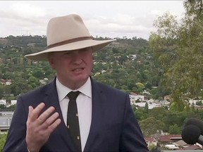 In this image made from video, Australian Deputy Prime Minister Barnaby Joyce speaks to reporters in Tamworth, Australia Friday, Feb. 23, 2018.