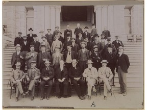 Members of the B.C. legislature in 1900. The people in the photo are unidentified, but John Houston looks to be in the top row at the left, wearing a straw hat.