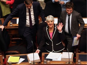 Finance Minister Carole James waves to her husband Albert Gerow before delivering the budget speech from the legislative assembly at Legislature in Victoria, B.C., on Tuesday, February 20, 2018.