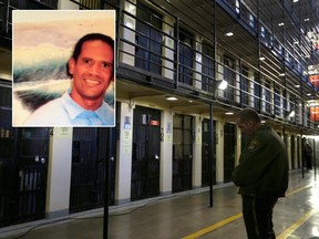 Convicted murderer William Cordoba is seen alongside this file photo taken on Tuesday, Dec. 29, 2015 of a guard standing watch over inmates at San Quentin State Prison in San Quentin, Calif.