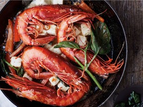 Sautéed Prawns with Feta and Basil gets a subtle kick of heat from smoky, citrusy Espelette pepper.