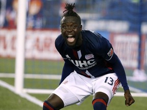 New England Revolution's Kei Kamara protests for a call to be made against the Columbus Crew during the second half of an MLS soccer game in Foxborough, Mass., Saturday, Aug. 20, 2016. The Crew won 2-0.