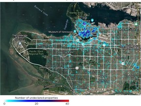 A City of Vancouver map released Feb. 22, 2018, shows the density of properties in the city for which homeowners hadn't made a declaration to avoid an empty-homes tax. [PNG Merlin Archive]