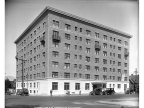 The Devonshire Hotel when it opened as the Devonshire Apartments in 1924. The Devonshire was located at 849 West Georgia Street; this view looks northeast from Georgia and Hornby. The photo ran in the July 23, 1924 Vancouver Sun. Vancouver Archives AM54-S4-: LGN 1060.