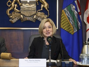 Alberta Premier Rachel Notley makes remarks before the first meeting of the Market Access Task Force, convened to respond to B.C. in the fight over the Trans Mountain oil pipeline, in Edmonton Alta, on Wednesday February 14, 2018.