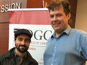 VANCOUVER, B.C.: FEBRUARY 5, 2018 – Gabriel Correa (left) is the winner of the Emerging Filmmaker Award and Jeremy Lutter (right) is the winner of the Legacy Filmmaker Award. The awards are handed out by the Directors Guild of Canada B.C.