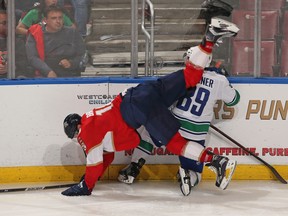 Aleksander Barkov the Florida Panthers goes to the ice after colliding with Sam Gagner during the third period on Tuesday.