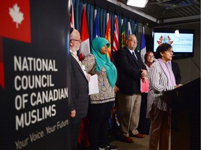 Farhat Rehman, Canadian Council of Muslim Women (CCMW) speaks during a press conference on Parliament Hill in Ottawa on Tuesday, June 13, 2017. The National Council of Canadian Muslims commented on the release of the latest annual police-related hate crimes data from Statistics Canada.