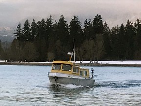 A vessel of the The Bowen Land and Sea Taxi, which has lost access to a dock in Vancouver Coal Harbour and has shut down.
