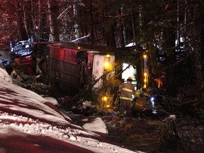 A major accident on Highway 5 involving two transport trucks, two buses and two vehicles has sent 29 people to hospital, in serious to critical condition. Another 136 uninjured people were taken to a warming centre in Hope. First responders work to free people from the wreckage on Feb. 25.