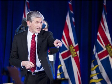 Andrew Wilkinson gestures as he takes the stage after being elected leader at the BC Liberal party leadership convention, Vancouver, February 03 2018.