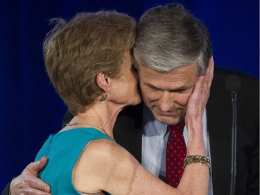 Andrew Wilkinson gets a hug from his wife after being elected leader at the BC Liberal party leadership convention at the vote at the BC Liberal party leadership convention, Vancouver, February 03 2018.