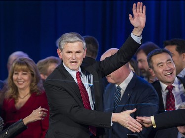 Andrew Wilkinson gestures to the crowd after being elected leader at the BC Liberal party leadership convention at the vote at the BC Liberal party leadership convention, Vancouver, February 03 2018.