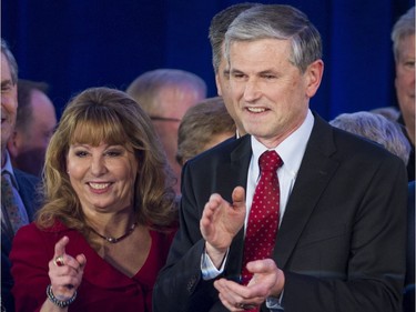 Diane Watts ( L ) and Andrew Wilkinson ( R ) after he was elected leader at the BC Liberal party leadership convention at the vote at the BC Liberal party leadership convention, Vancouver, February 03 2018.