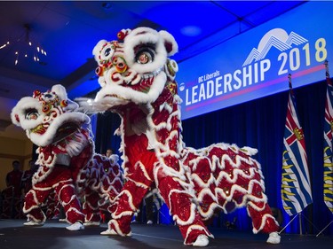 Lion Dancers perform on stage before the announcement of the results of the first ballet at the BC Liberal leadership convention at the Wall, Vancouver, February 03 2018.