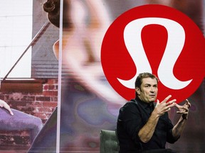 Laurent Potdevin, CEO of Lululemon, addresses the Gateway Conference in Toronto in September 2017. Lululemon Athletica says its CEO left the company after failing to meet its standards of conduct.