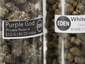 A group representing Canada's doctors says designing marijuana packaging should be left to government officials and public health experts, not cannabis producers and distributors. Marijuana products are pictured at Eden Medicinal Society in Vancouver, Thursday, Jan. 30, 2018.
