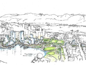 An artist's conception of the new neighbourhood that the City of Vancouver is planning for Northeast False Creek.