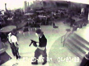 An April 20, 1999 still image showing the Columbine massacre in progress.