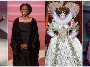This combination photo shows a series of photos of Whoopi Golberg hosting the Academy Awards in 1994, from left, 1996, 1999 and 2002. Goldberg made history as the first African-American to host the Academy Awards show in 1994, in addition to being the first woman to host the show solo. (AP Photo)