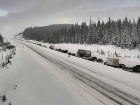 Traffic is backed up along Hwy 97C (Okanagan Connector) in the Southern Interior of B.C. on Sunday, February 18.