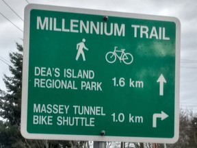 The previous sign on the Millennium Trail misspelled Deas Island Regional Park, which is named after John Sullivan Deas.