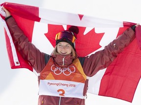 Canada's Cassie Sharpe celebrates her gold medal win following the women's ski halfpipe at Phoenix Snow Park during the Pyeongchang 2018 Winter Olympic Games in South Korea, Tuesday, Feb. 20, 2018.