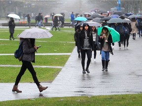 Students in the rain between classes at the University of British Columbia in Vancouver on Jan. 8, 2018. It wound up as the fifth wettest January on record.