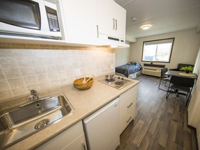 A unit inside the first building of a temporary modular housing project at Heather and West 59th in Vancouver, which is nearing completion.