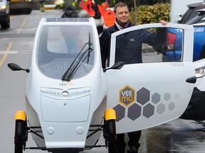 Kody Baker, CEO of VeloMetro, unveils the world's first public electric-assisted velomobile-sharing service, at UBC in Vancouver, BC., February 27, 2018.