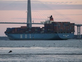 The MOL Prestige pictured in 2013 in the Port of Charleston. The MOL Prestige is currently adrift off Haida Gwaii after a fire in its engine room.