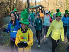 Participants in the Aldergrove and Langley Sun Run InTraining Clinics go together for a combined St. Patrick's Day workout at Aldergrove Regional Park.