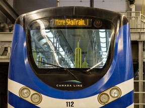 A transit rail car at Friday’s TransLink announcement on new SkyTrain cars for the Expo and Millennium lines.
