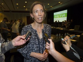 Canadian Olympian Beckie Scott speaks to reporters following a World Anti-Doping Agency meeting in 2016.
