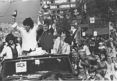 The Vancouver Whitecaps homecoming and victory parade following their dramatic 2-1 victory over the Tampa Bay Rowdies in Soccer Bowl Five at Giants Stadium in East Rutherford, New Jersey, Sept. 9, 1979.