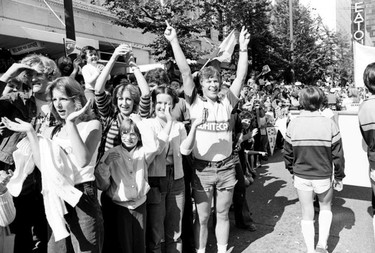 September 9, 1979 photo of fans welcoming the Vancouver Whitecaps home after winning the 1979 Soccer Bowl in New York against the Tampa Bay Rowdies.