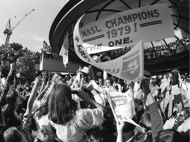 Carl Valentine is drowned in a sea of fans on Sept 9, 1979 during the Vancouver Whitecaps victory parade. His famous speech: "You are the No. 1 fans, and we are the No. 1 team!"