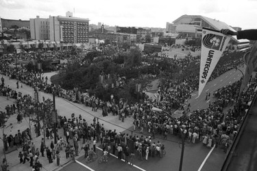 September 9, 1979 photo of fans welcoming the Vancouver Whitecaps home after winning the 1979 Soccer Bowl in New York against the Tampa Bay Rowdies.